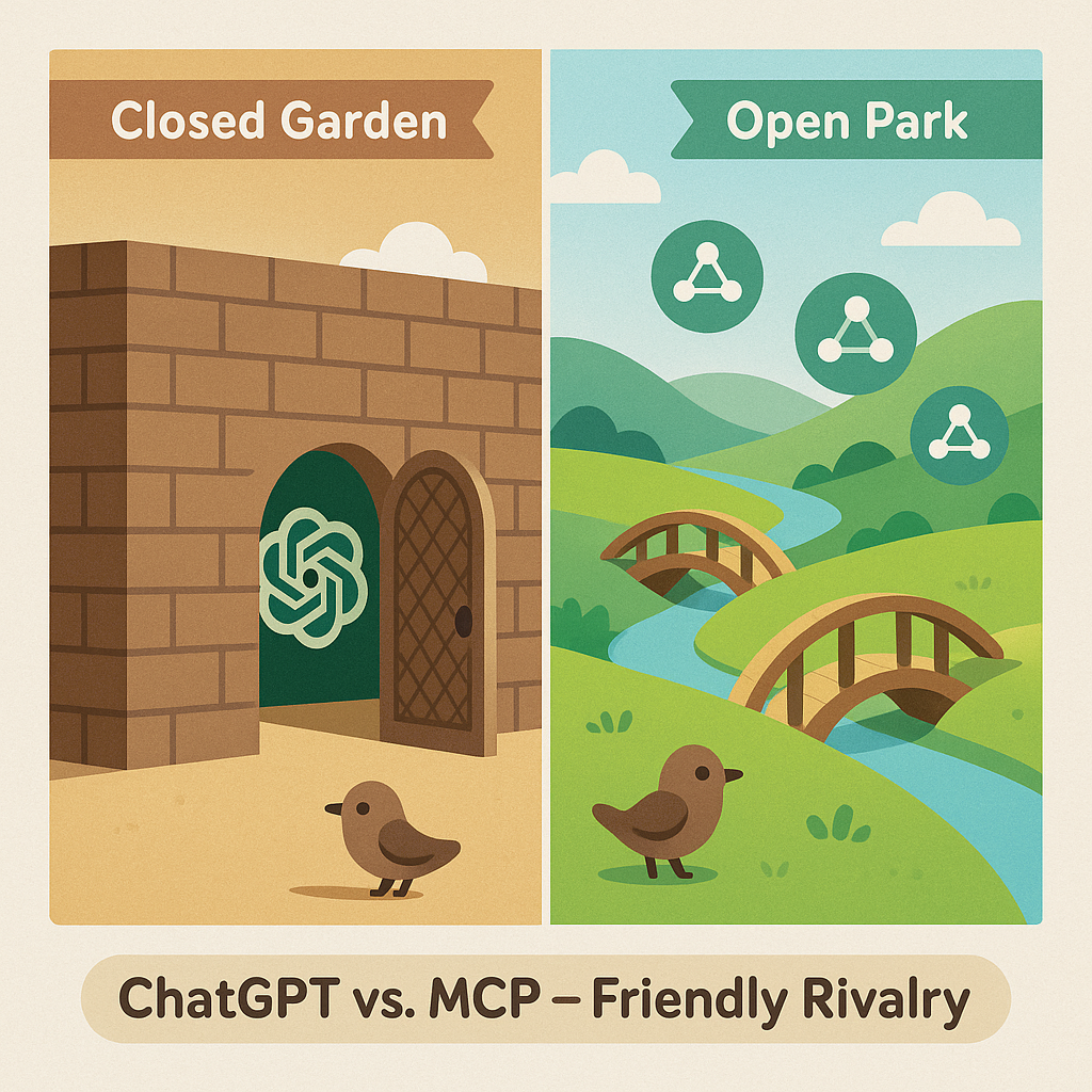对比图 - MCP 开放公园 vs ChatGPT 封闭花园